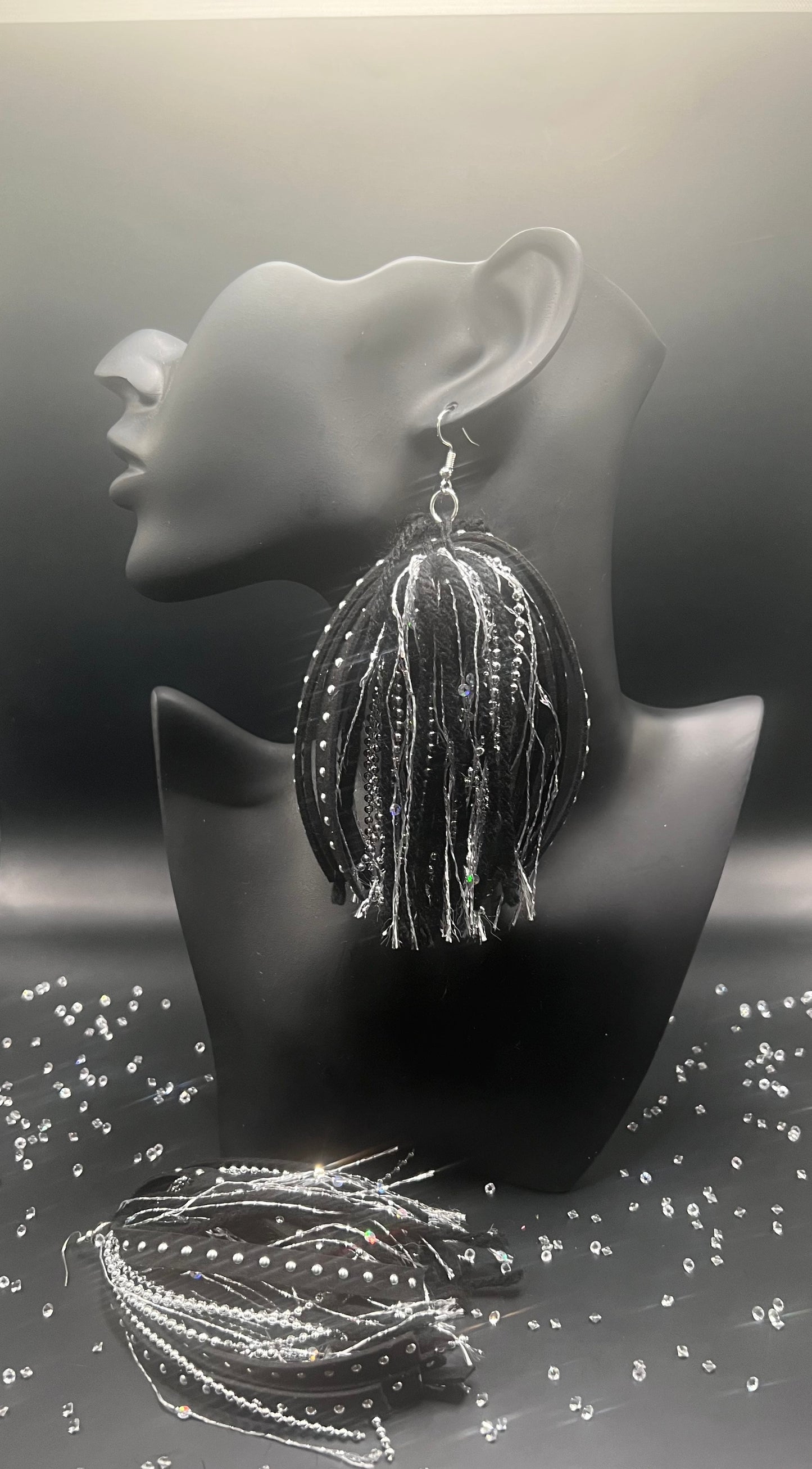 #13 Tassel Me, Honnee Black with silver circles, silver beads and thin silver strings
