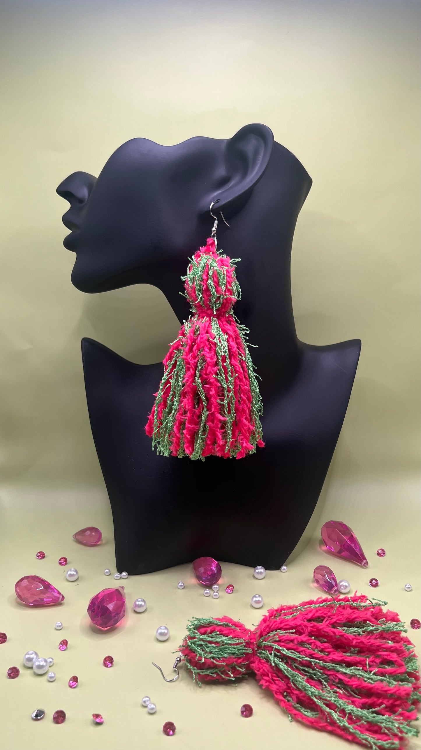 #19 Tassel Me, Honnee Hot pink & lime green with pom and long tassel
