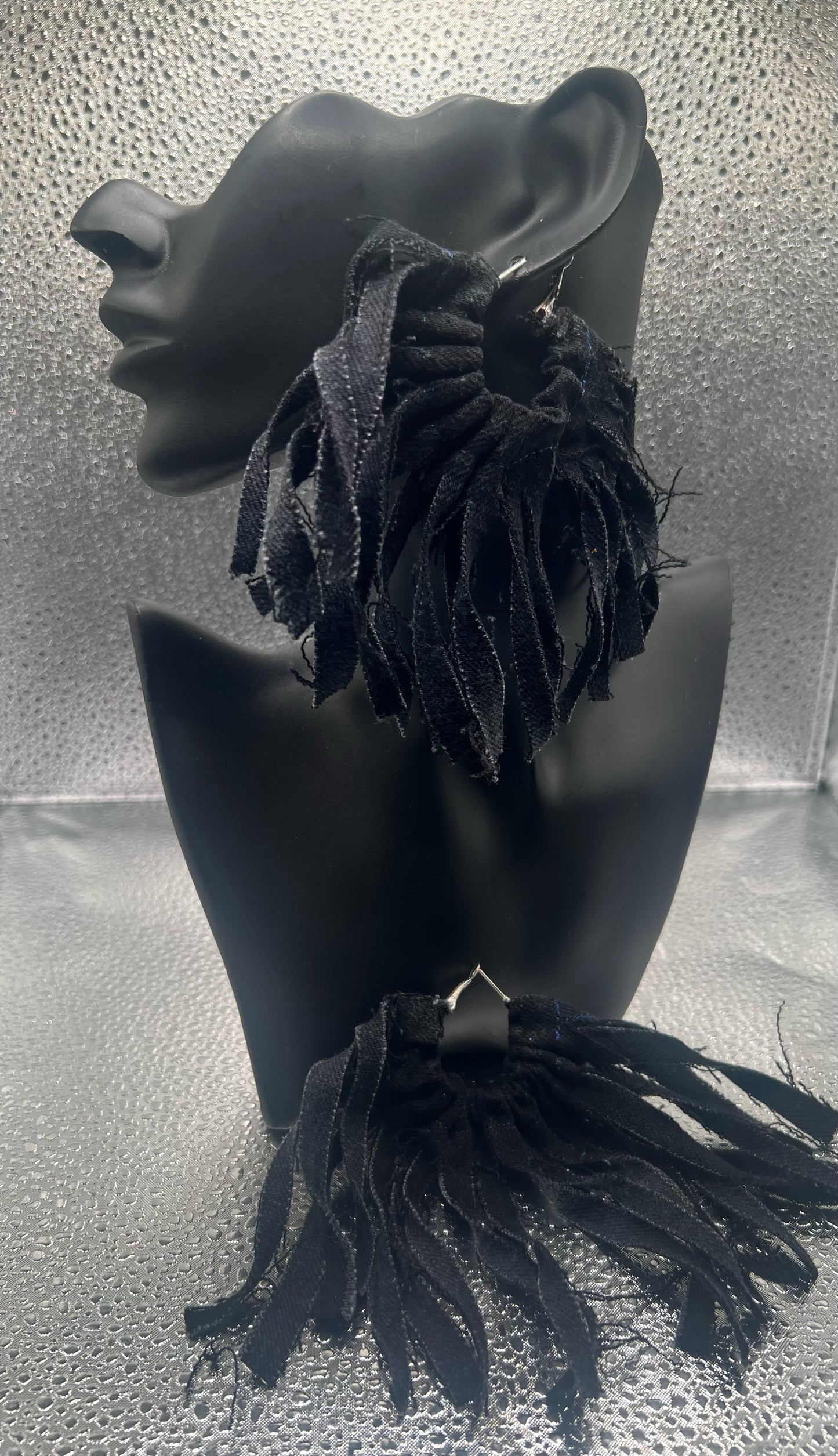 Black denim fringe earrings with silver hoops