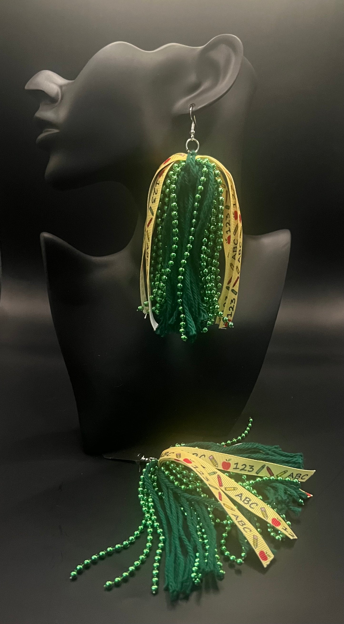 #6 Tassel Me, Honnee Yellow abc, green beads and green