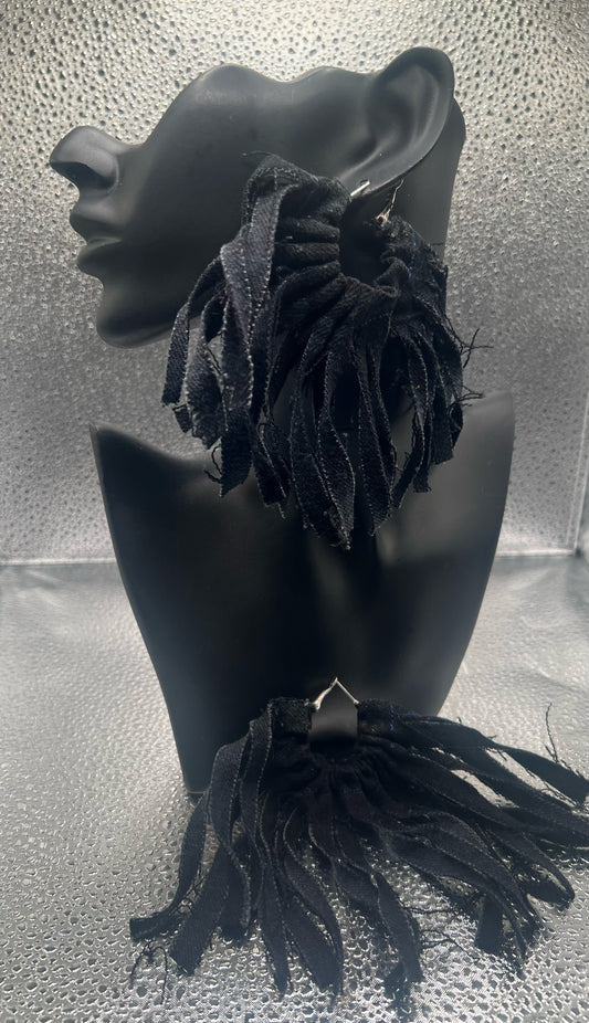 Black denim fringe earrings with silver hoops